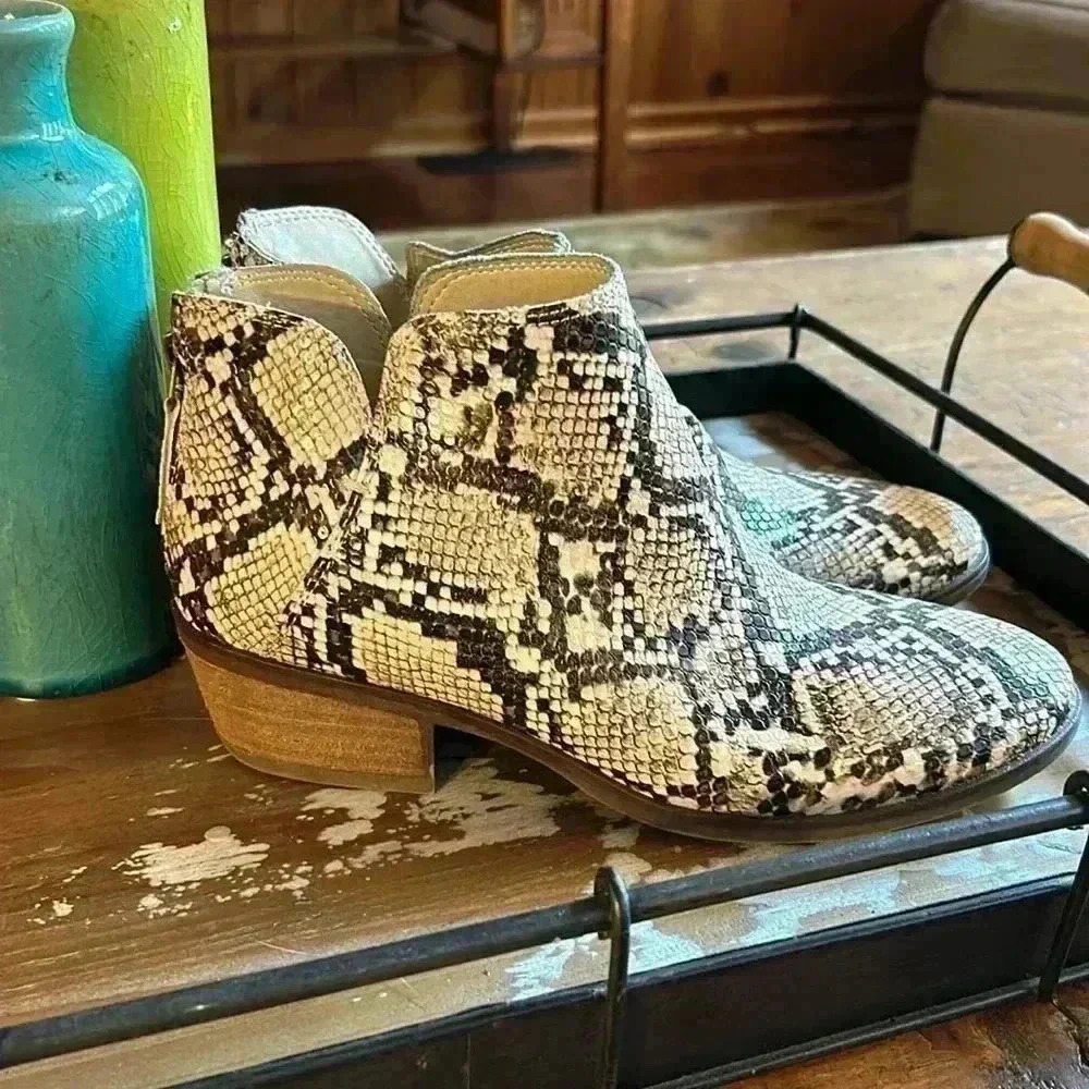 women’s booties size 6.5, cream, brown, and black snakeskin